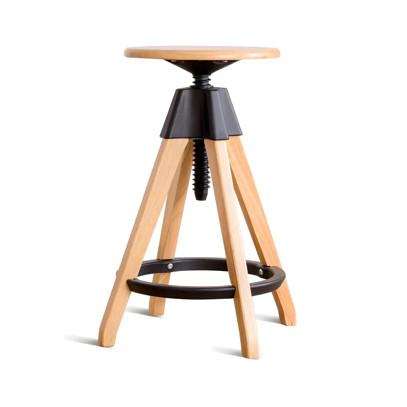 Adjustable Brown Wooden Swivel Backless Bar Stools Image - 2