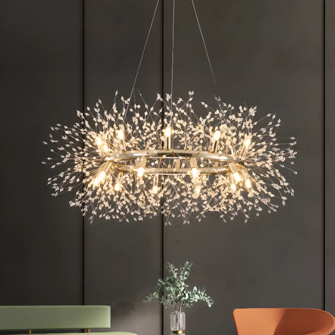 Modern Crystal Round Chandelier with Starburst Design Image - 1