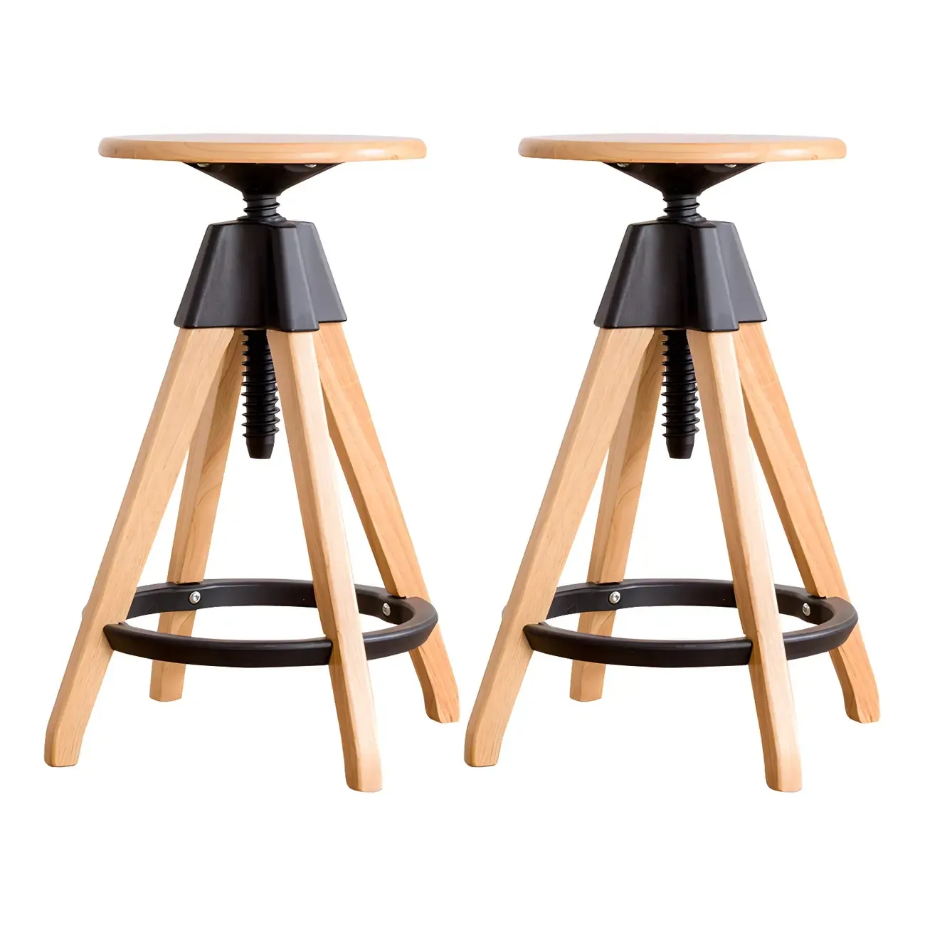 Adjustable Brown Wooden Swivel Backless Bar Stools | HomeyFad