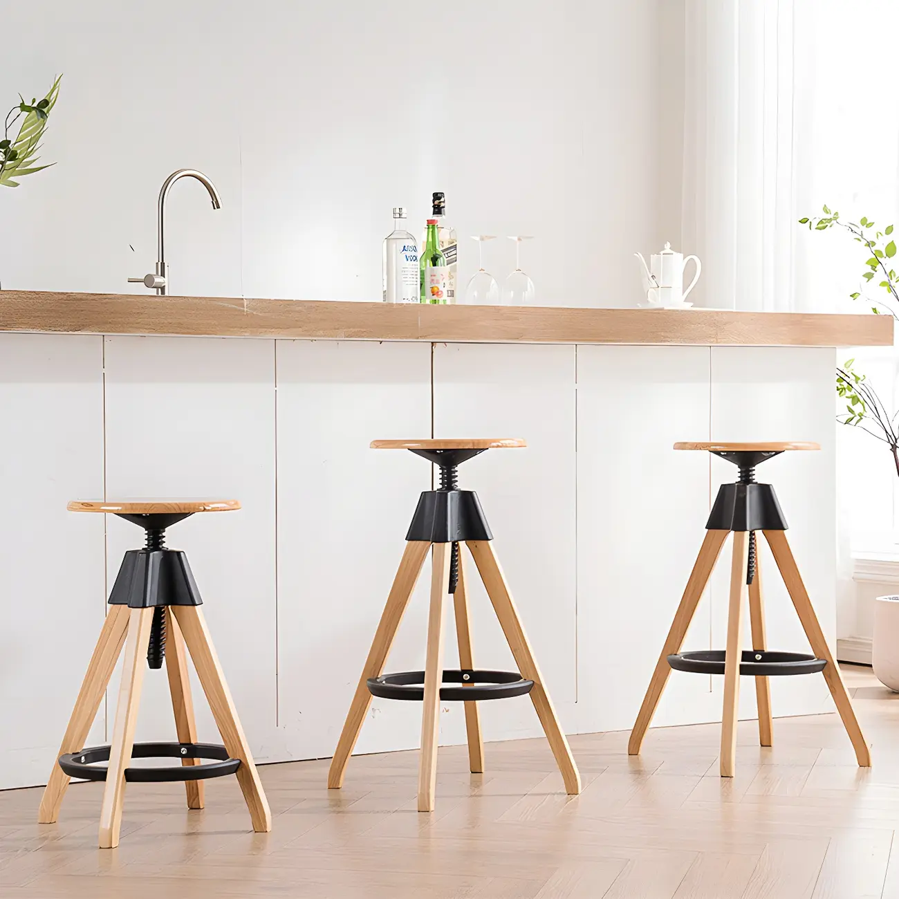 Adjustable Brown Wooden Swivel Backless Bar Stools Image - 6 | homeyfad