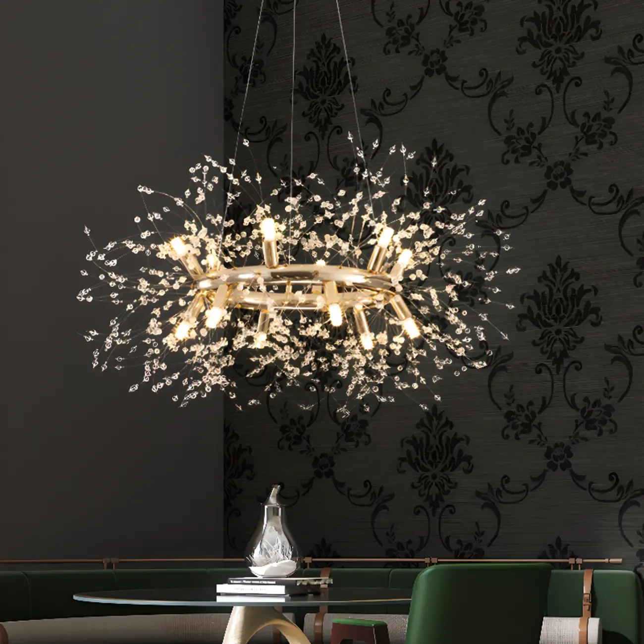 Modern Crystal Round Chandelier with Starburst Design Image - 4