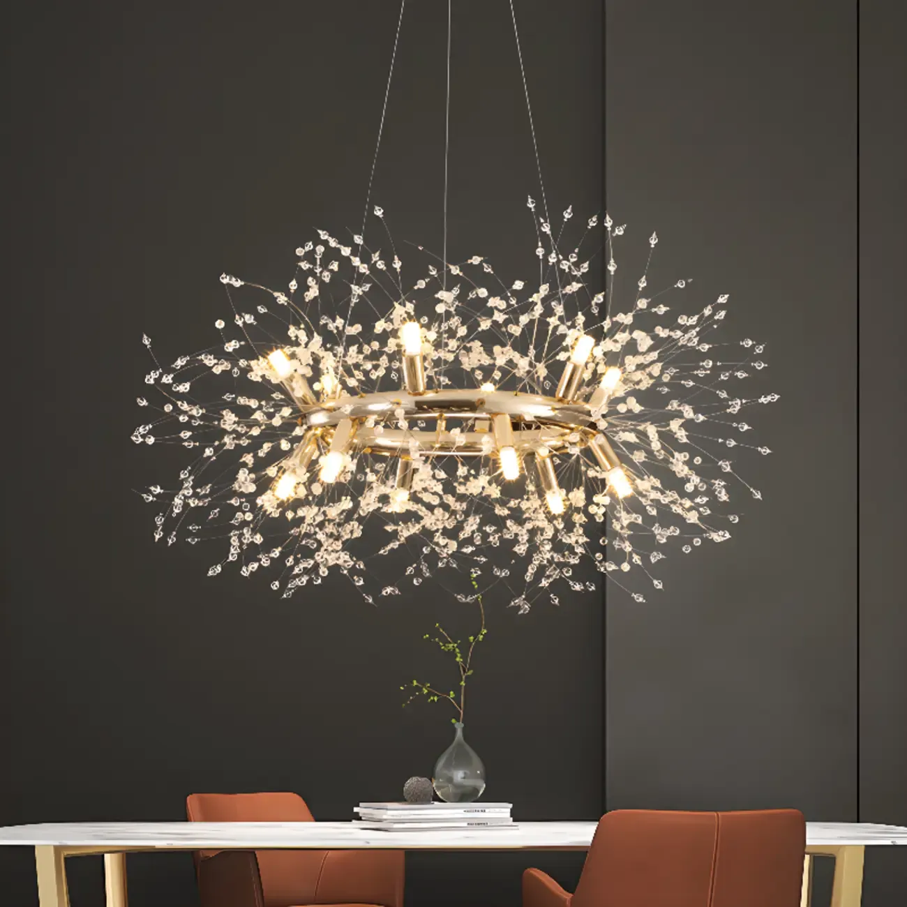 Modern Crystal Round Chandelier with Starburst Design Image - 5