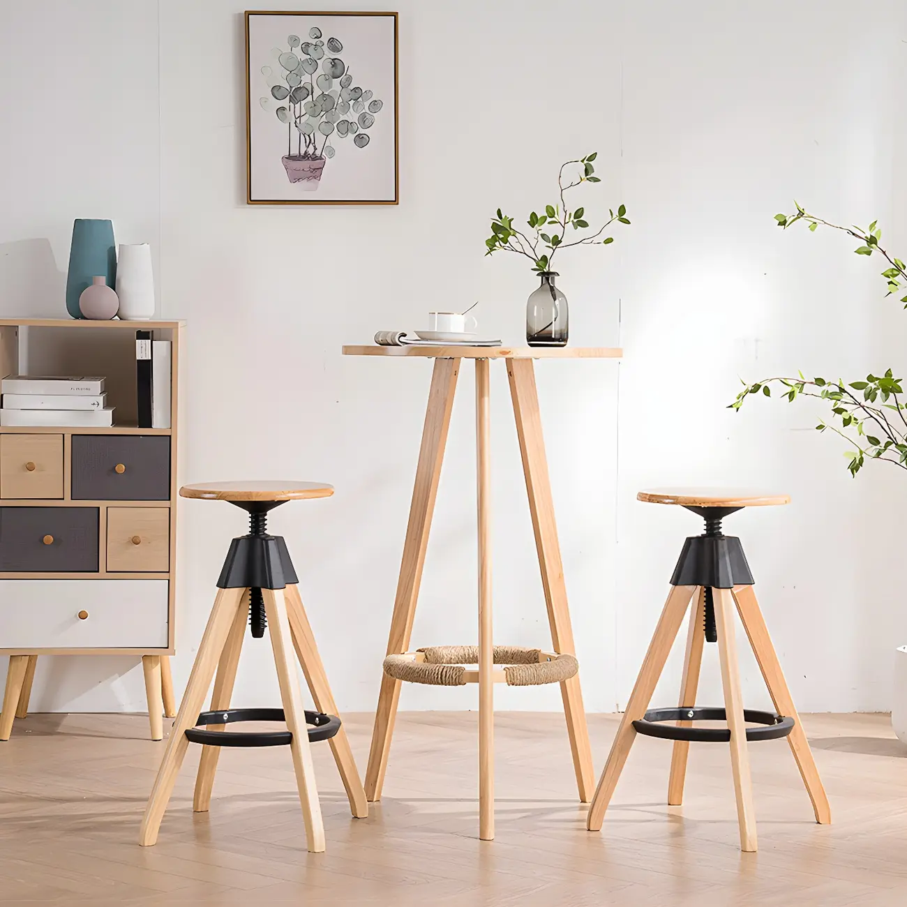 Adjustable Brown Wooden Swivel Backless Bar Stools Image - 8 | homeyfad