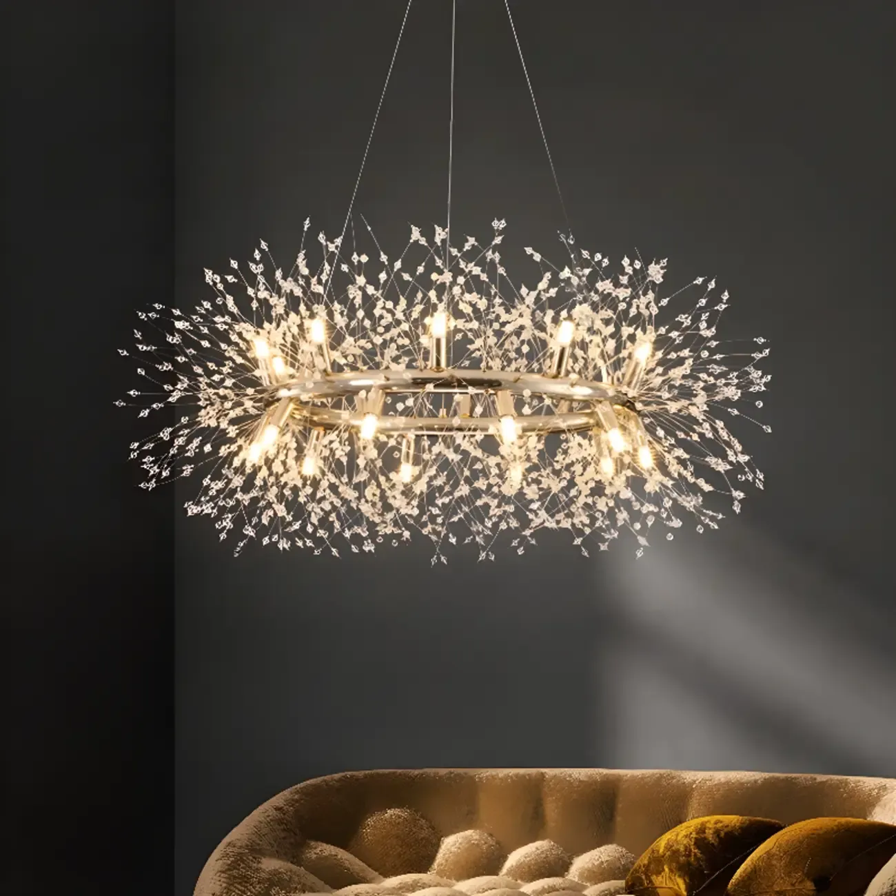 Modern Crystal Round Chandelier with Starburst Design Image - 6