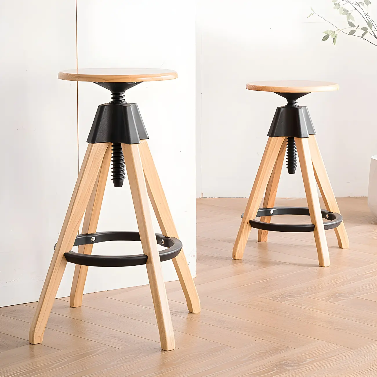 Adjustable Brown Wooden Swivel Backless Bar Stools Image - 15 | homeyfad