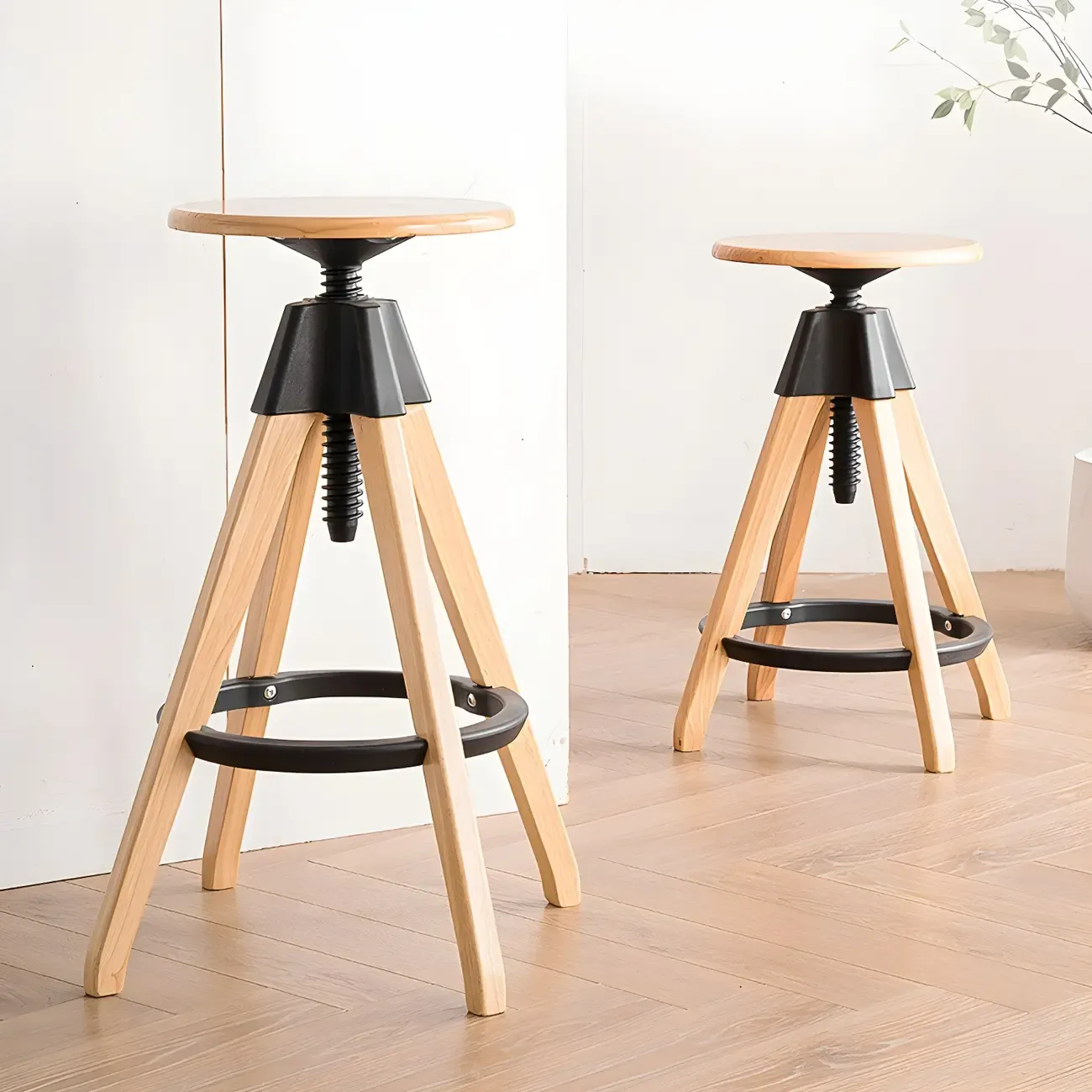 Adjustable Brown Wooden Swivel Backless Bar Stools Image - 15