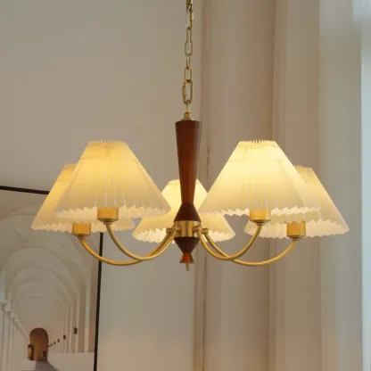 Vintage Wooden Chandelier with Beige Pleated LampShade Image - 1