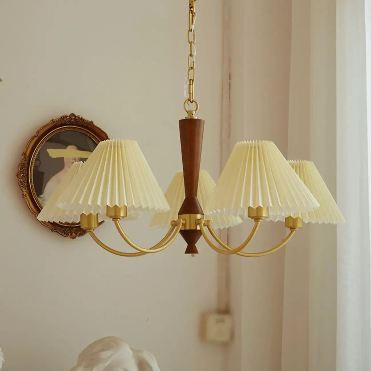 Vintage Wooden Chandelier with Beige Pleated LampShade Image - 2