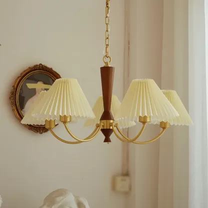 Vintage Wooden Chandelier with Beige Pleated LampShade Image - 2