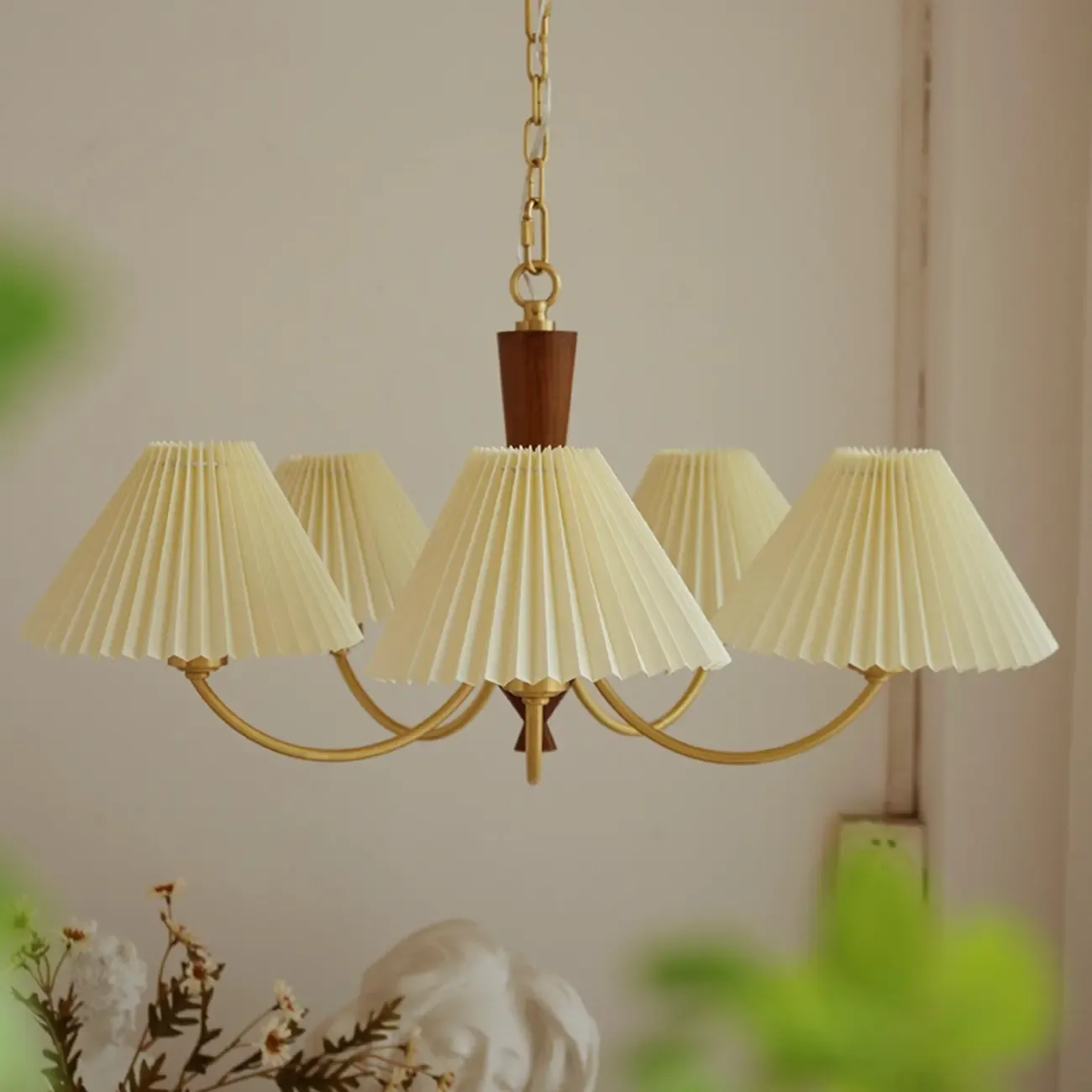 Vintage Wooden Chandelier with Beige Pleated LampShade Image - 3