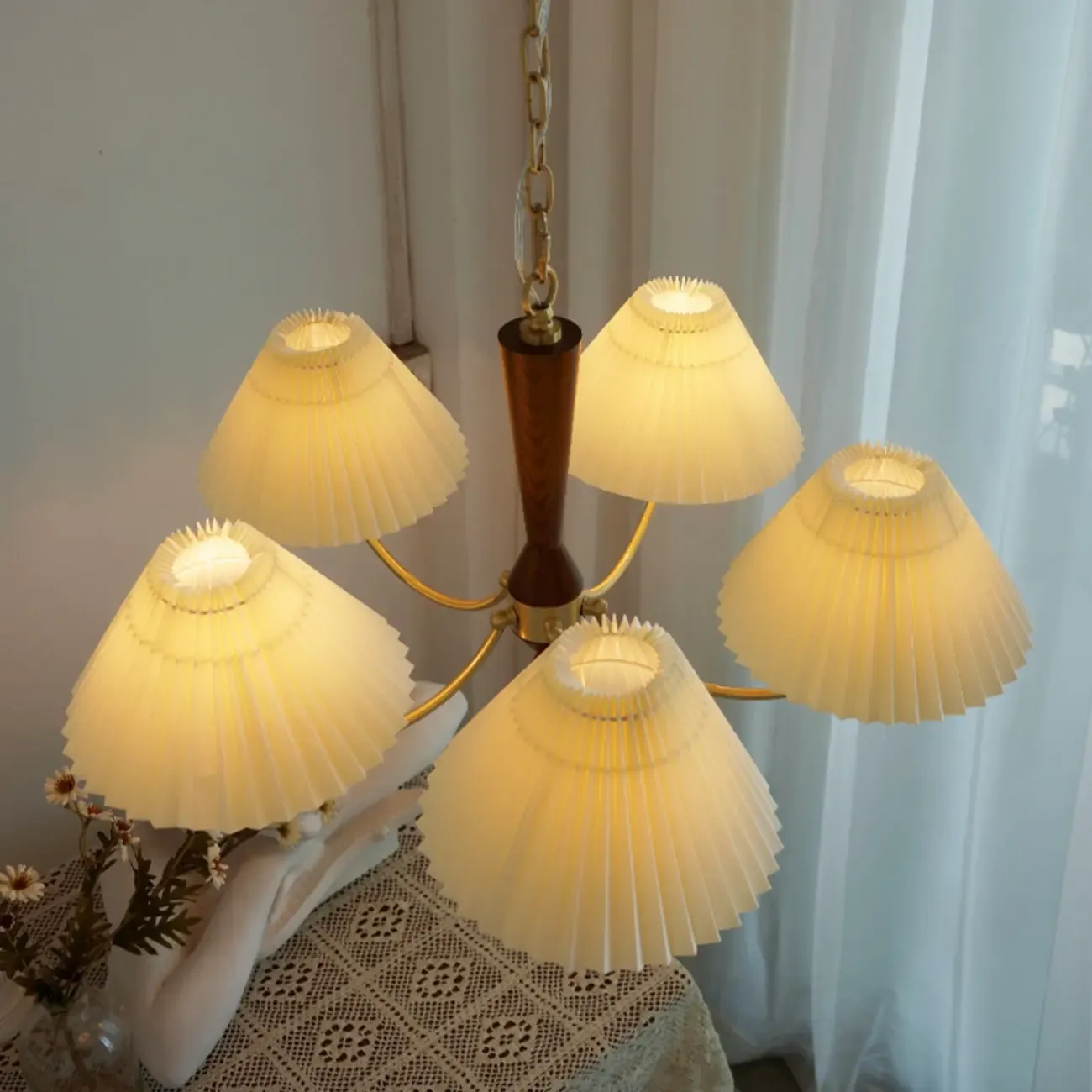 Vintage Wooden Chandelier with Beige Pleated LampShade Image - 4