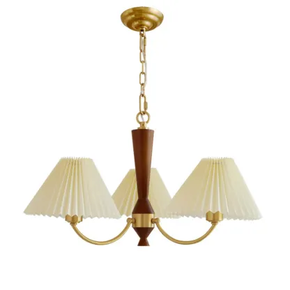 Vintage Wooden Chandelier with Beige Pleated LampShade Image - 5