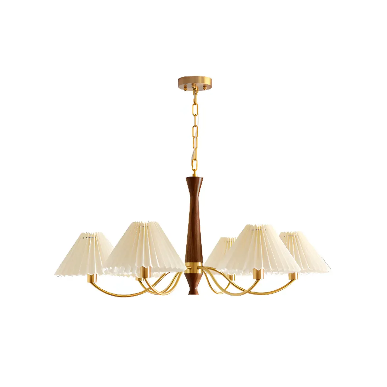 Vintage Wooden Chandelier with Beige Pleated LampShade Image - 6