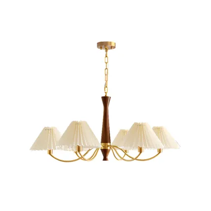 Vintage Wooden Chandelier with Beige Pleated LampShade Image - 6