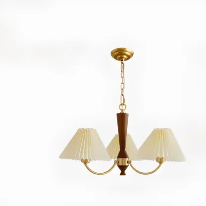 Vintage Wooden Chandelier with Beige Pleated LampShade Image - 7