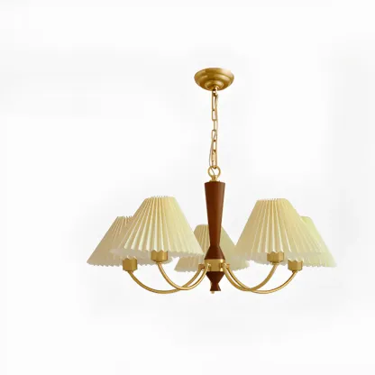 Vintage Wooden Chandelier with Beige Pleated LampShade Image - 8