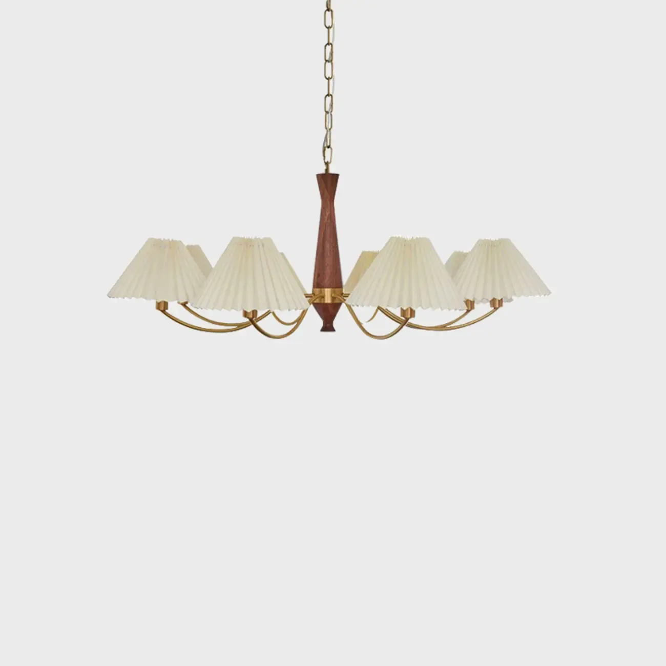 Vintage Wooden Chandelier with Beige Pleated LampShade Image - 9