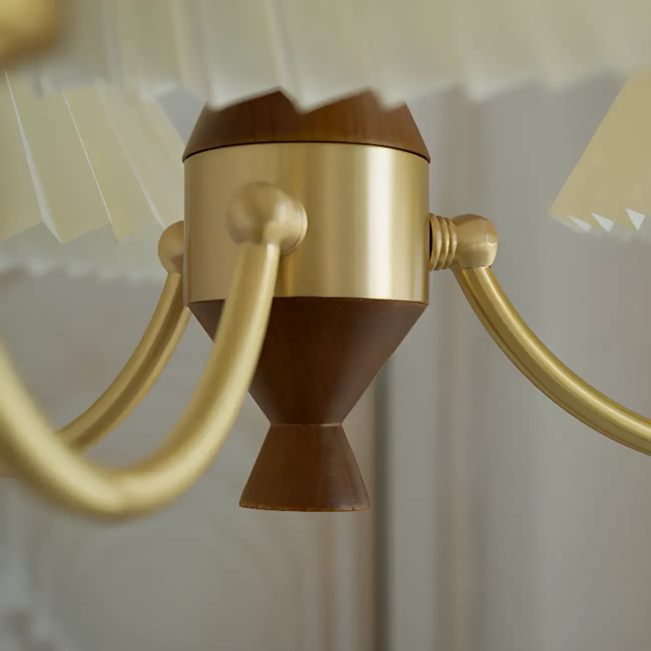 Vintage Wooden Chandelier with Beige Pleated LampShade Image - 10