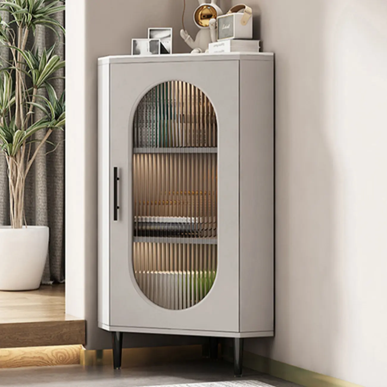 Freestanding Indoor Corner Cabinet with Glass Door and Light Image - 2 | homeyfad