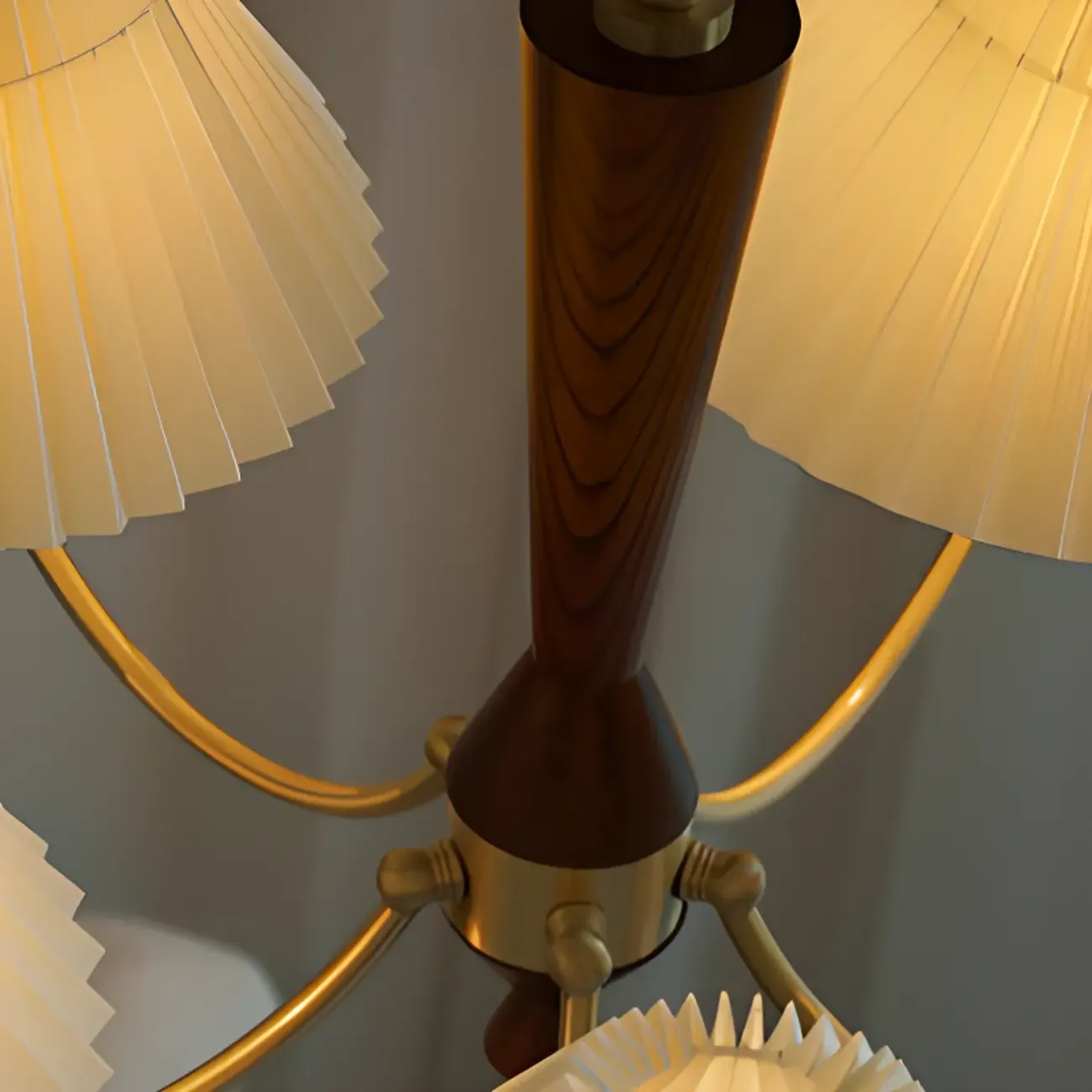 Vintage Wooden Chandelier with Beige Pleated LampShade Image - 12