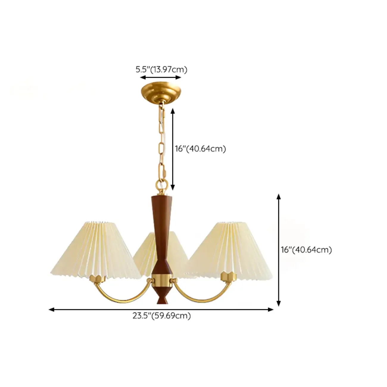 Vintage Wooden Chandelier with Beige Pleated LampShade #size