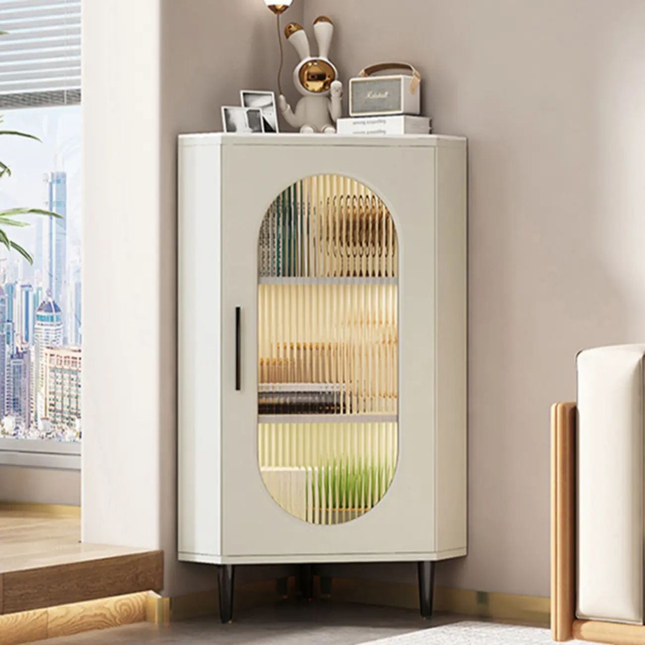 Freestanding Indoor Corner Cabinet with Glass Door and Light Image - 6 | homeyfad