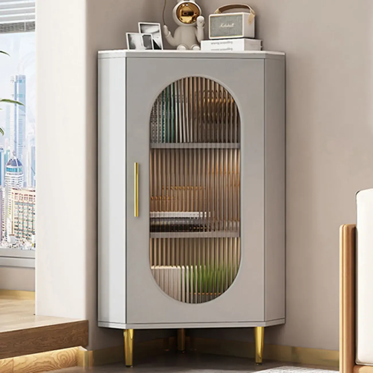 Freestanding Indoor Corner Cabinet with Glass Door and Light Image - 8