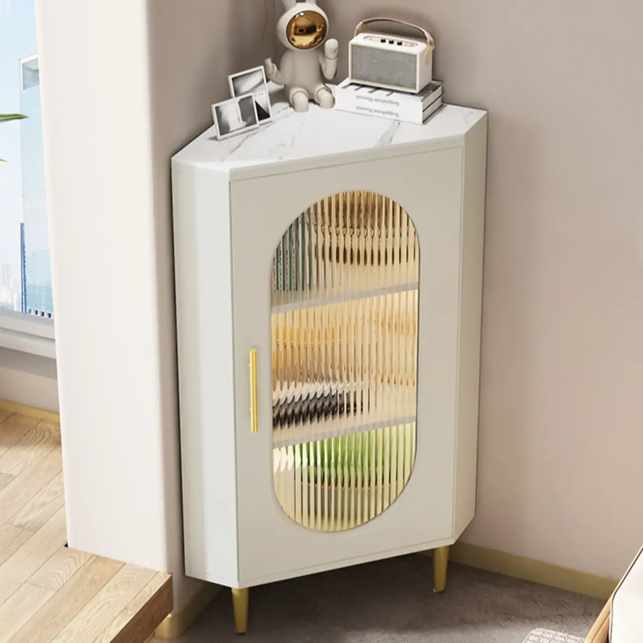 Freestanding Indoor Corner Cabinet with Glass Door and Light Image - 9
