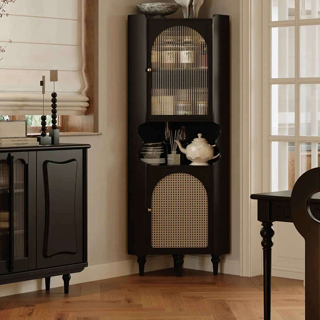 Wooden Black Corner Cabinet for Living Room with Art Deco  Image - 1