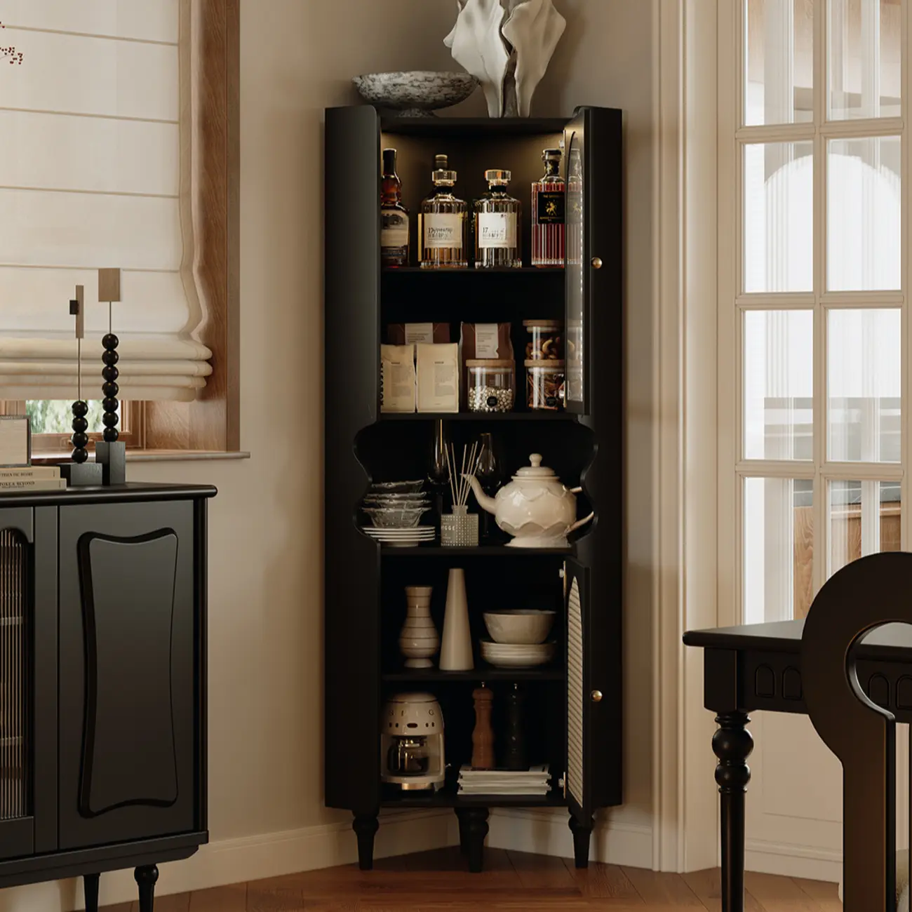 Wooden Black Corner Cabinet for Living Room with Art Deco  Image - 2 | homeyfad