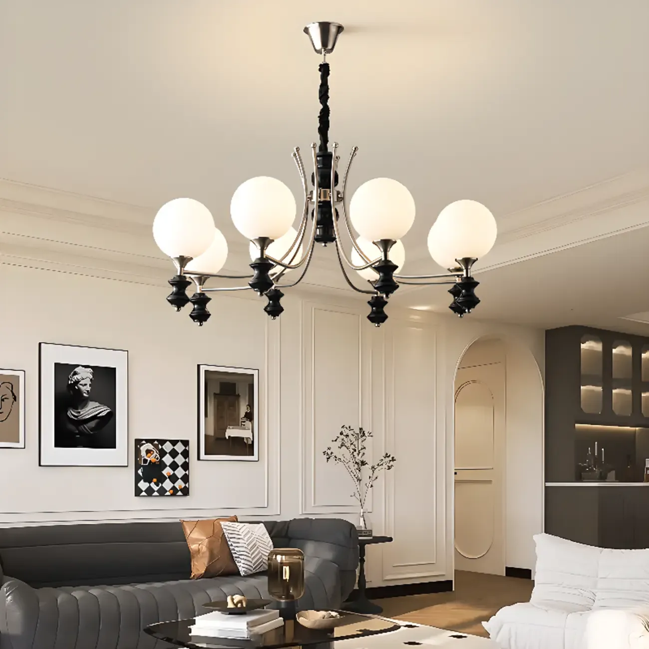 Multi-Light Globe Chandelier with White Glass Shades Image - 1