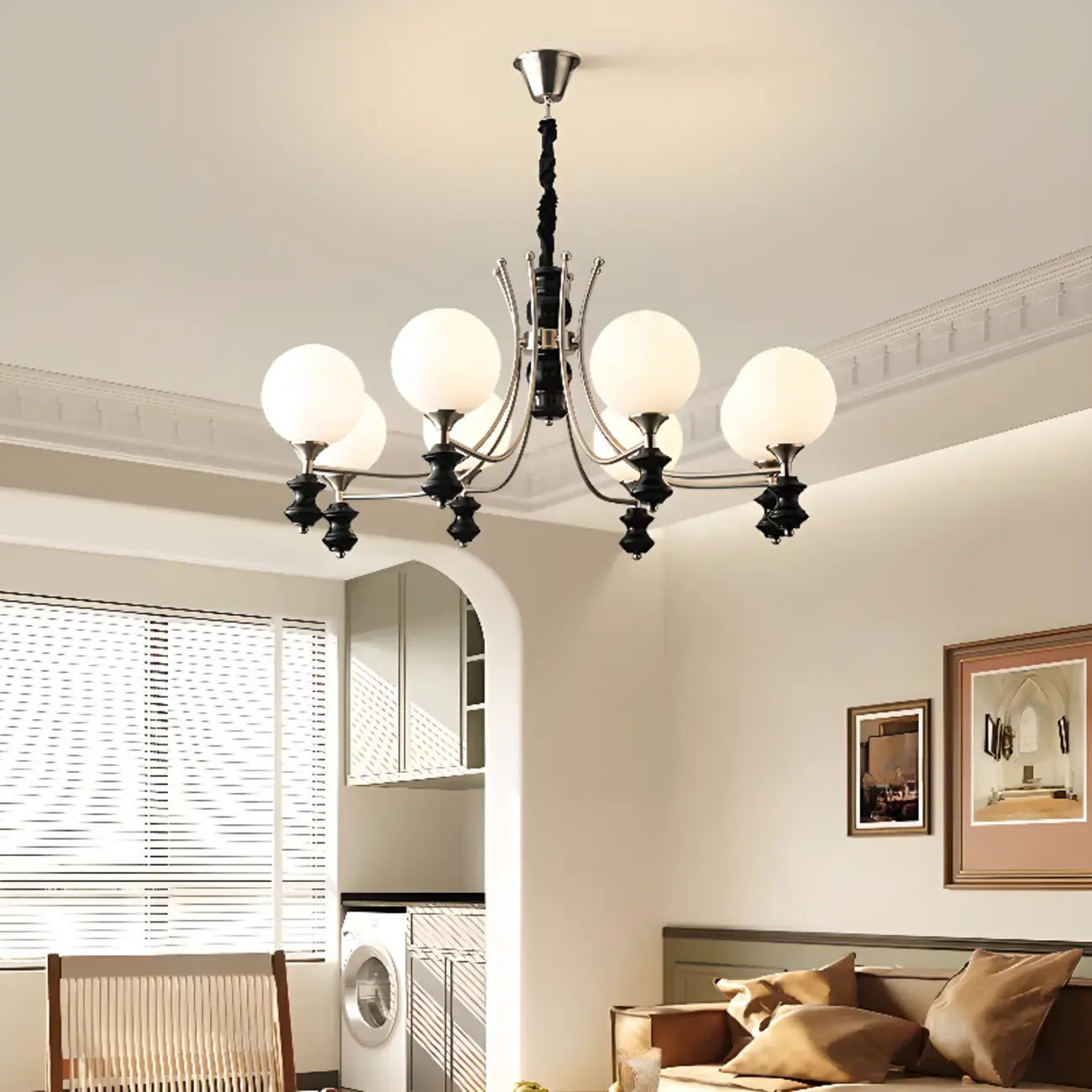 Multi-Light Globe Chandelier with White Glass Shades Image - 4