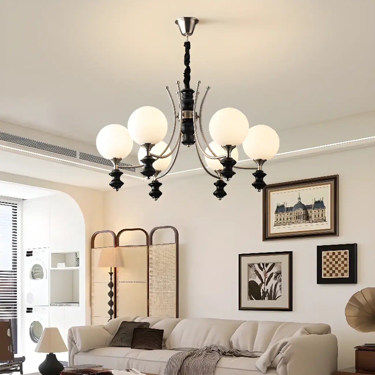Multi-Light Globe Chandelier with White Glass Shades Image - 6