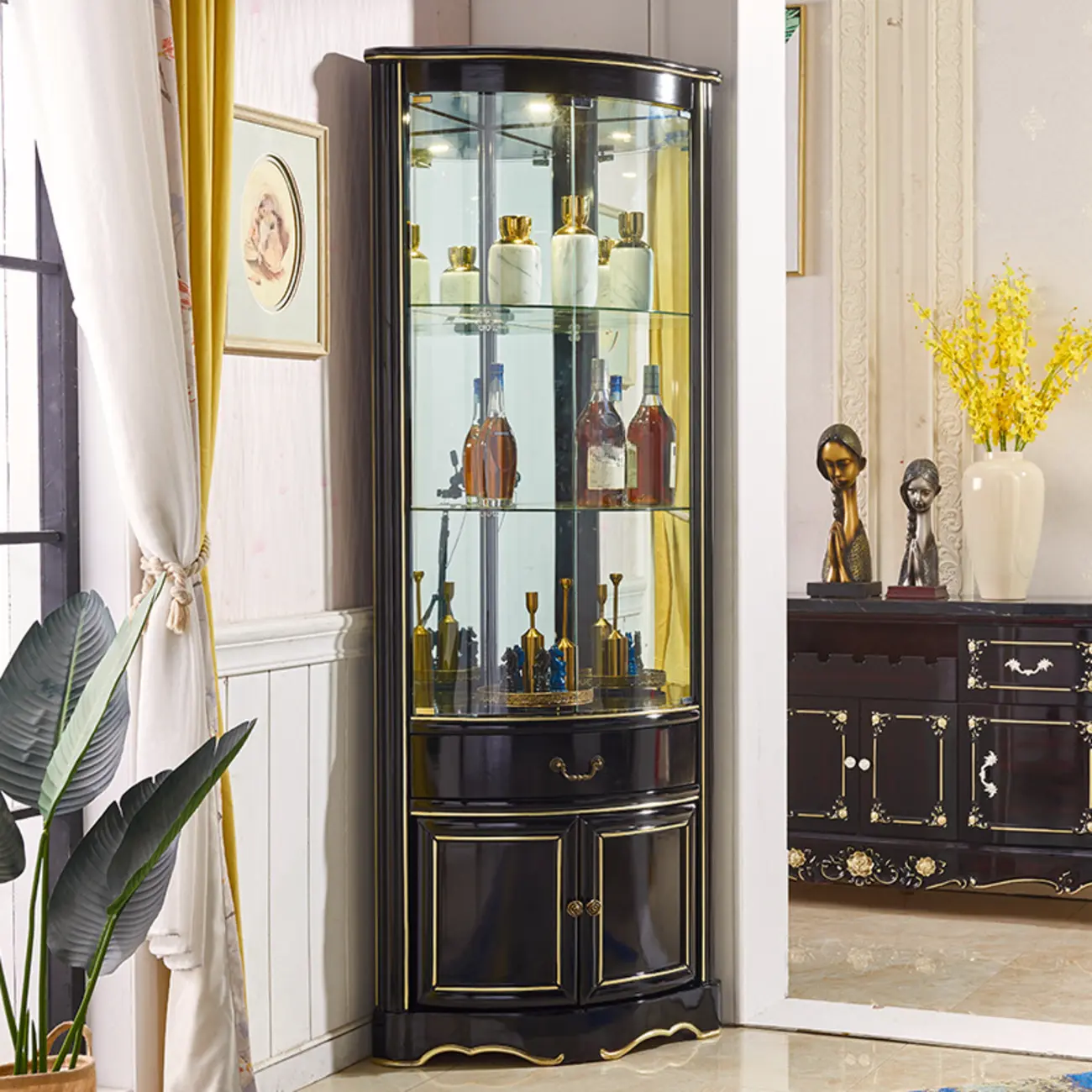 Tall Antique Black Corner Cabinet for Living Room Decor Image - 1 | homeyfad
