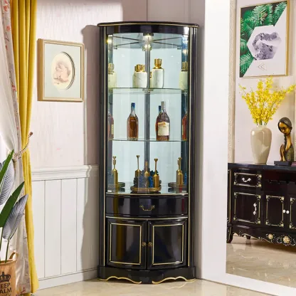 Tall Antique Black Corner Cabinet for Living Room Decor Image - 2