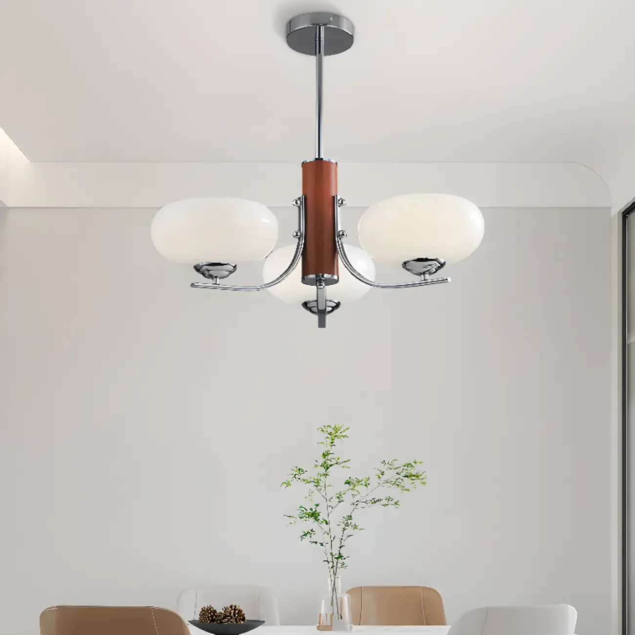 Modern Glass and Metal Chandelier with Drum Lampshape Image - 1