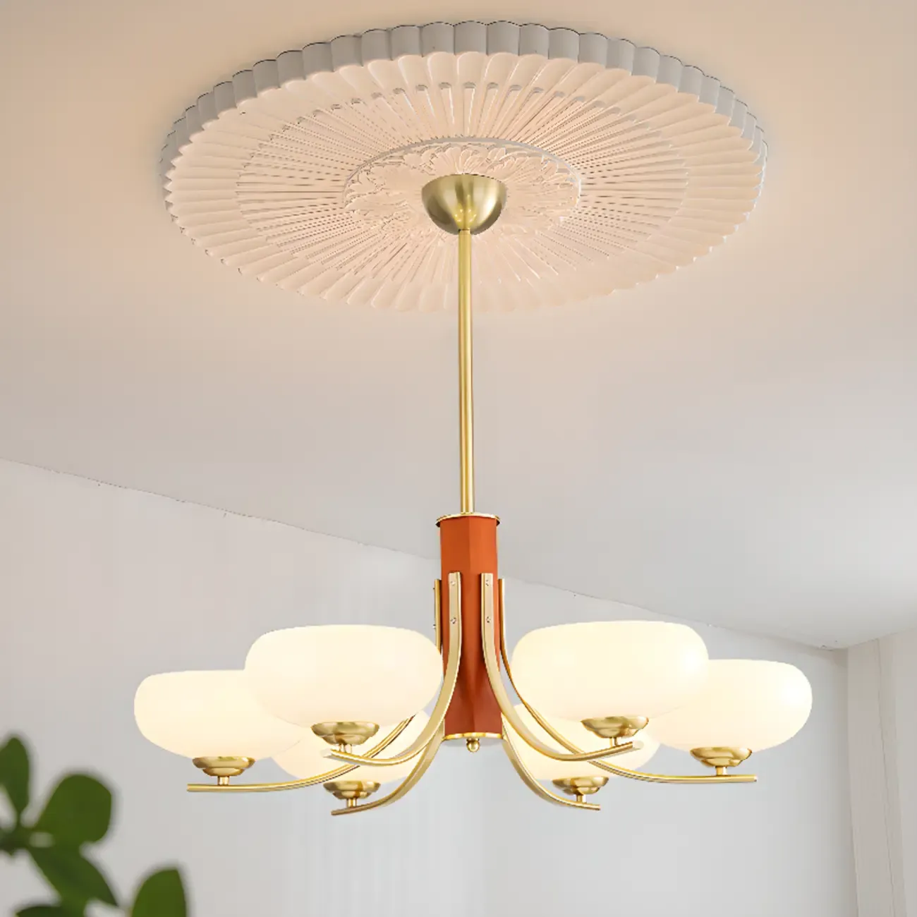 Modern Glass and Metal Chandelier with Drum Lampshape Image - 4