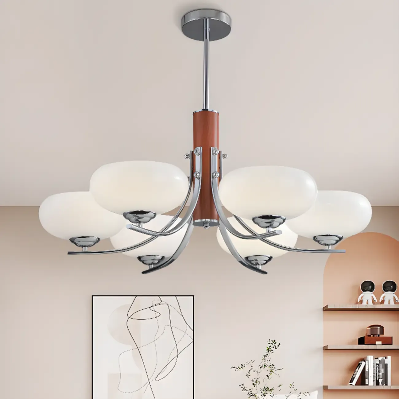 Modern Glass and Metal Chandelier with Drum Lampshape Image - 6