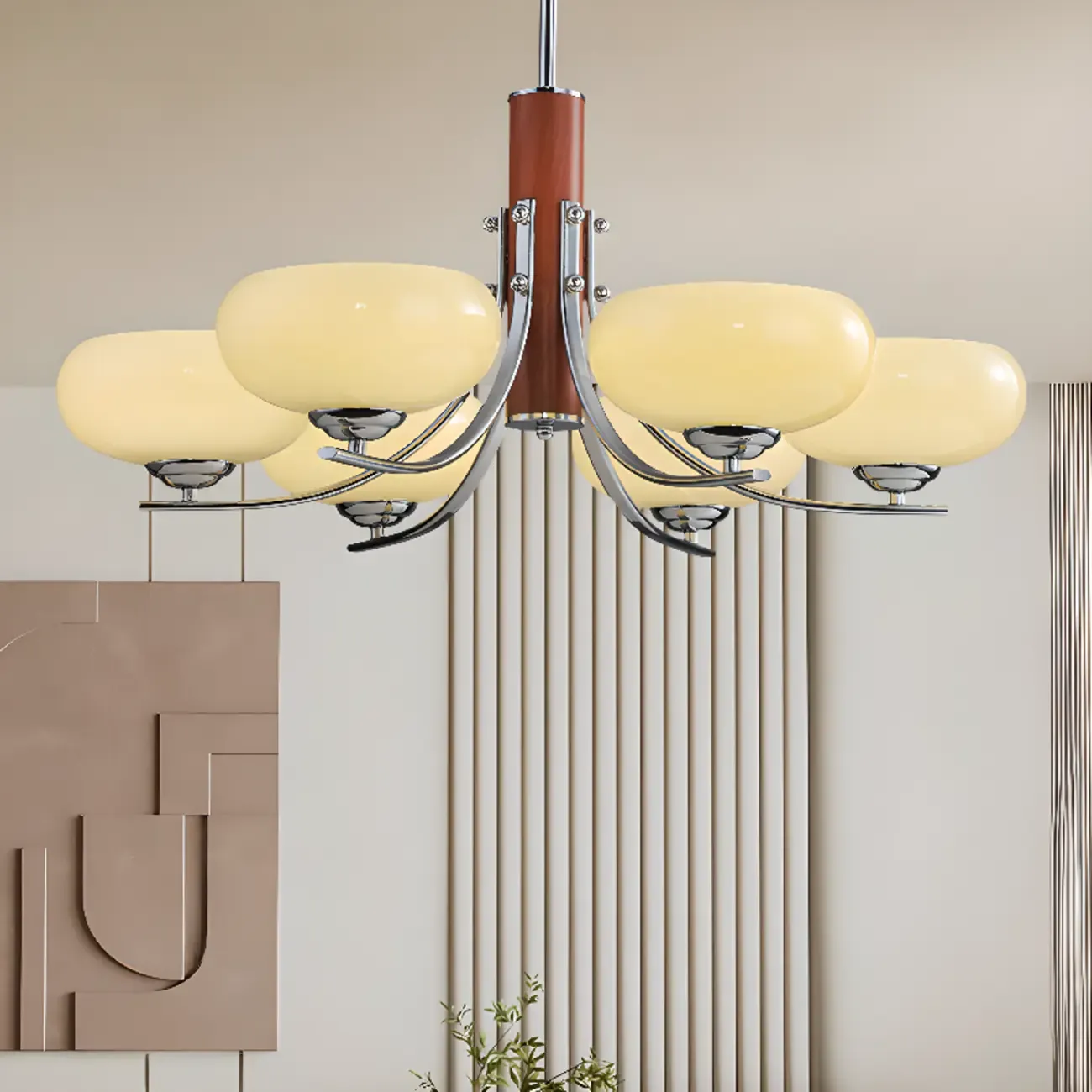 Modern Glass and Metal Chandelier with Drum Lampshape Image - 8