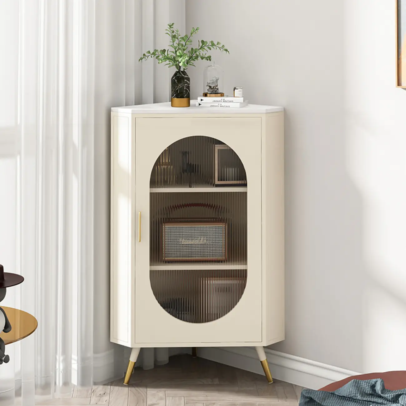 White 3 Legs Corner Cabinet with  Faux Marble Top & Iron Base Image - 1 | homeyfad