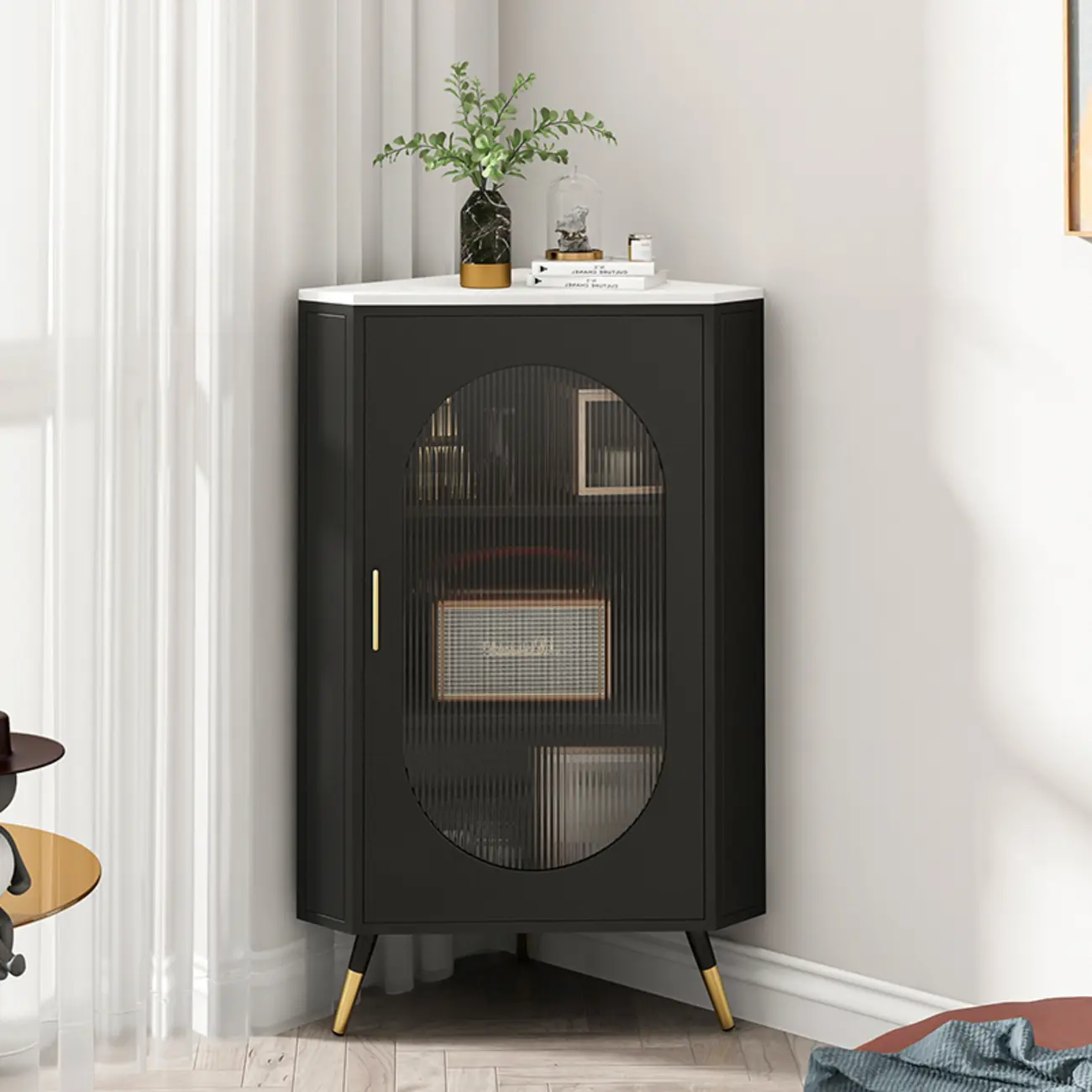 White 3 Legs Corner Cabinet with  Faux Marble Top & Iron Base Image - 4 | homeyfad