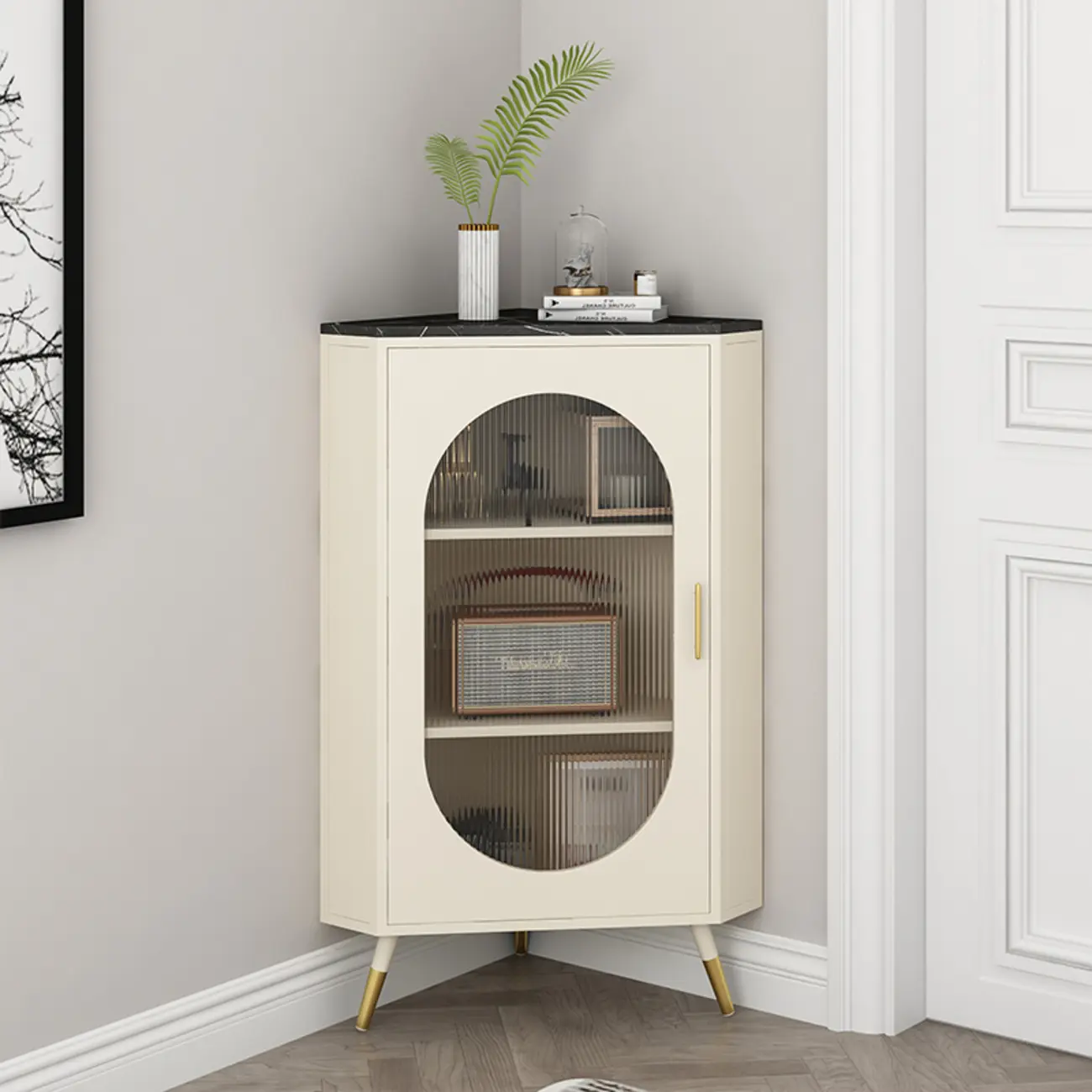 White 3 Legs Corner Cabinet with  Faux Marble Top & Iron Base Image - 6 | homeyfad