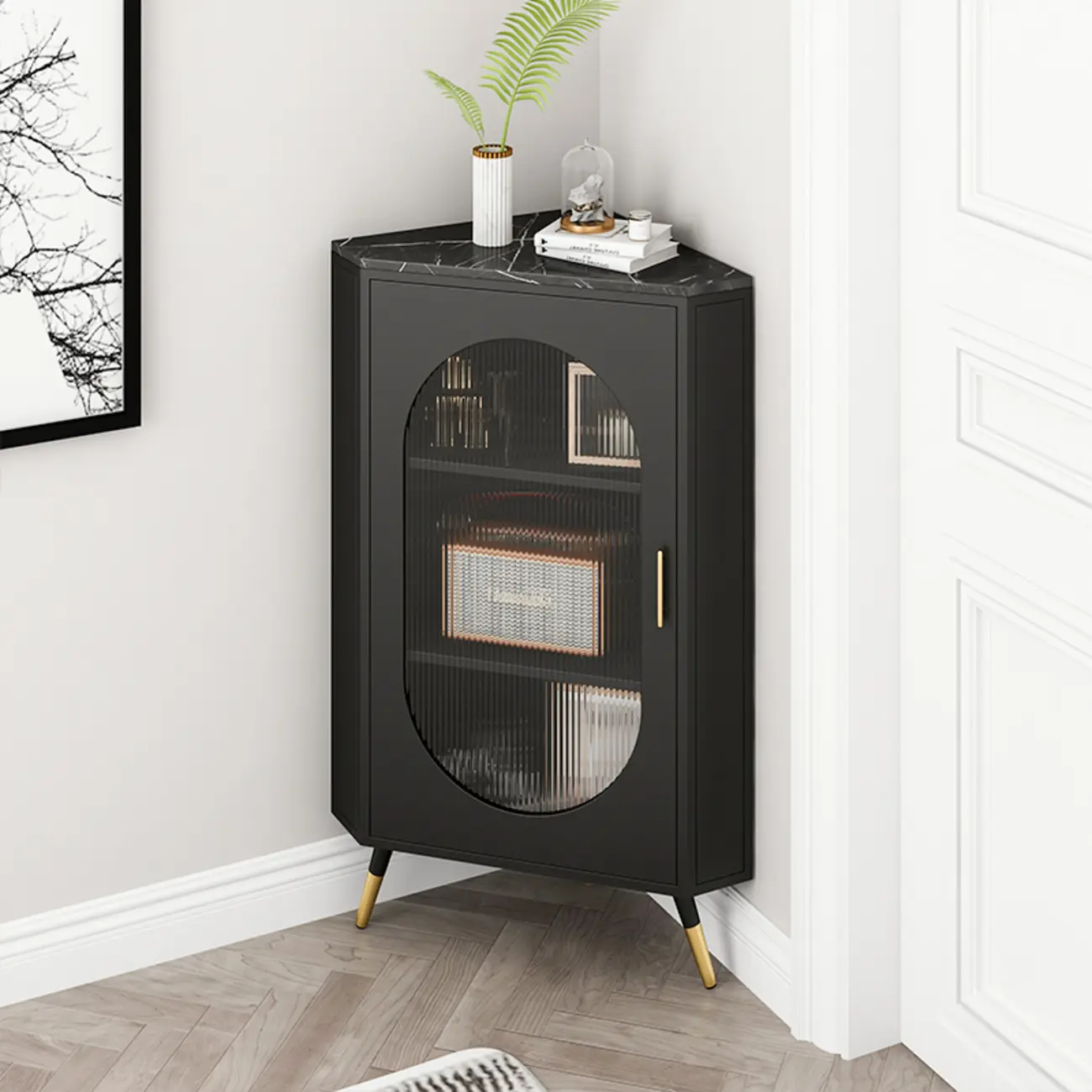 White 3 Legs Corner Cabinet with  Faux Marble Top & Iron Base Image - 8 | homeyfad