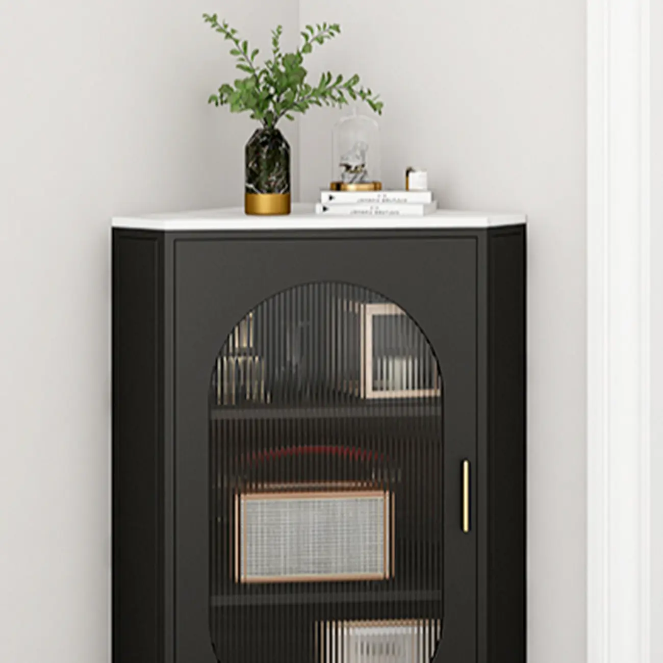 White 3 Legs Corner Cabinet with  Faux Marble Top & Iron Base Image - 9 | homeyfad