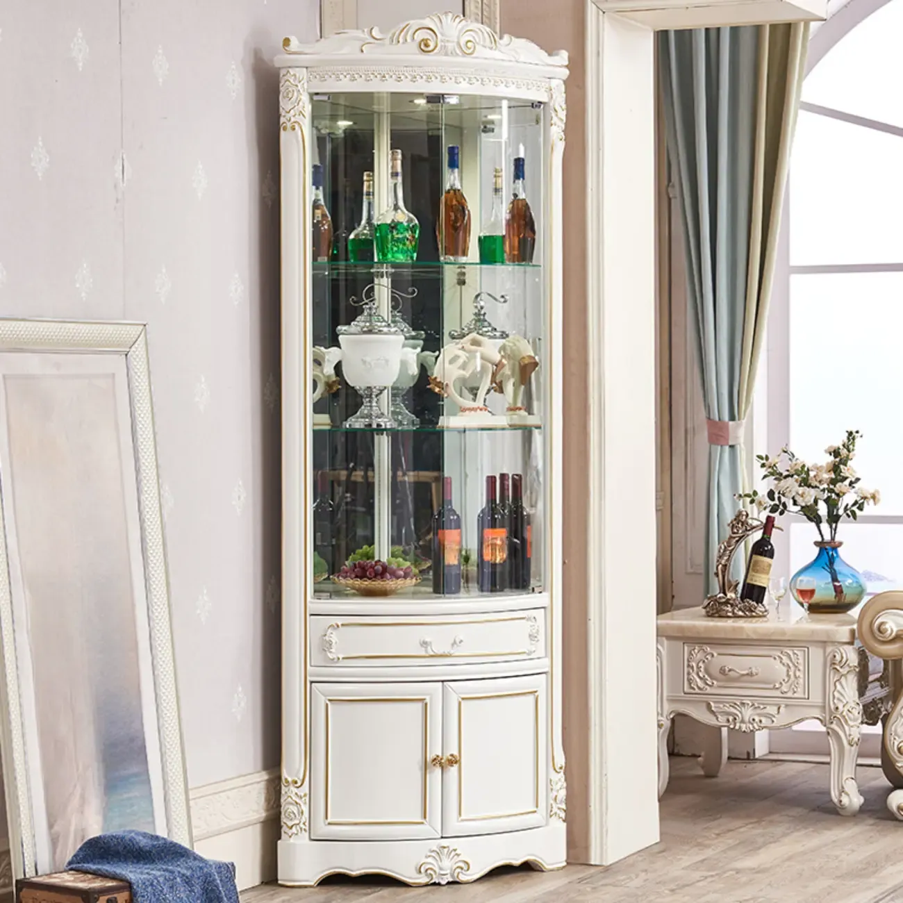Elegant White-Gold Display Cabinet for Living Room Corner  Image - 1