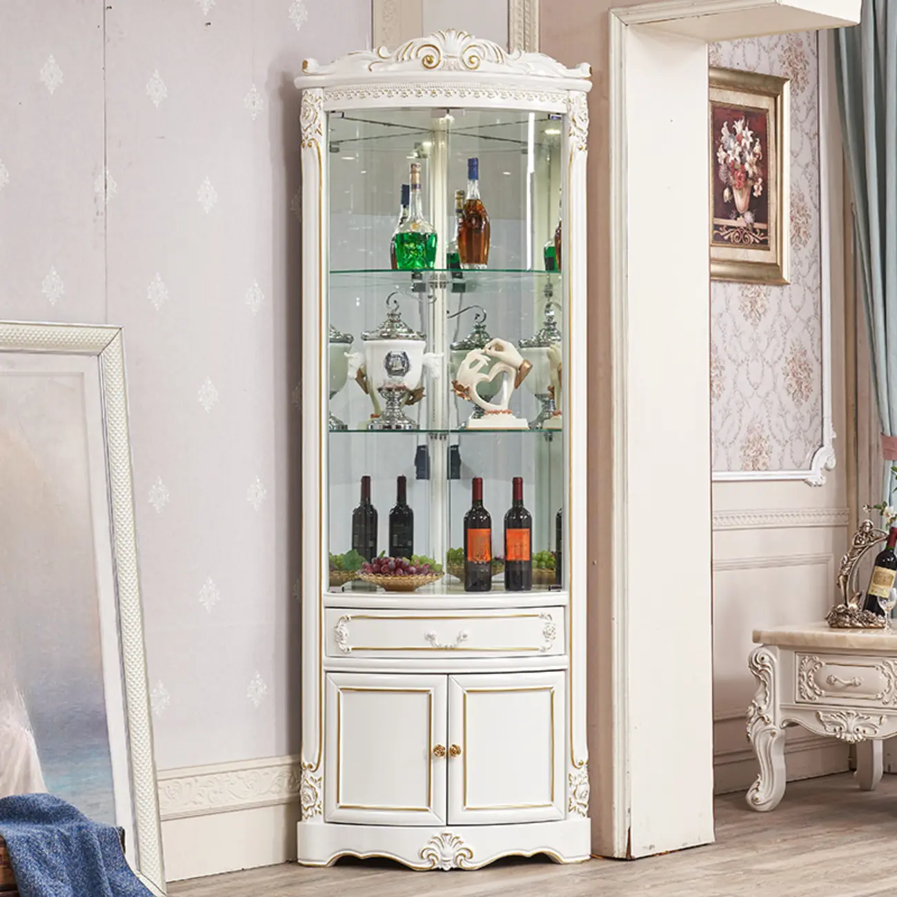 Elegant White-Gold Display Cabinet for Living Room Corner  Image - 2 | homeyfad