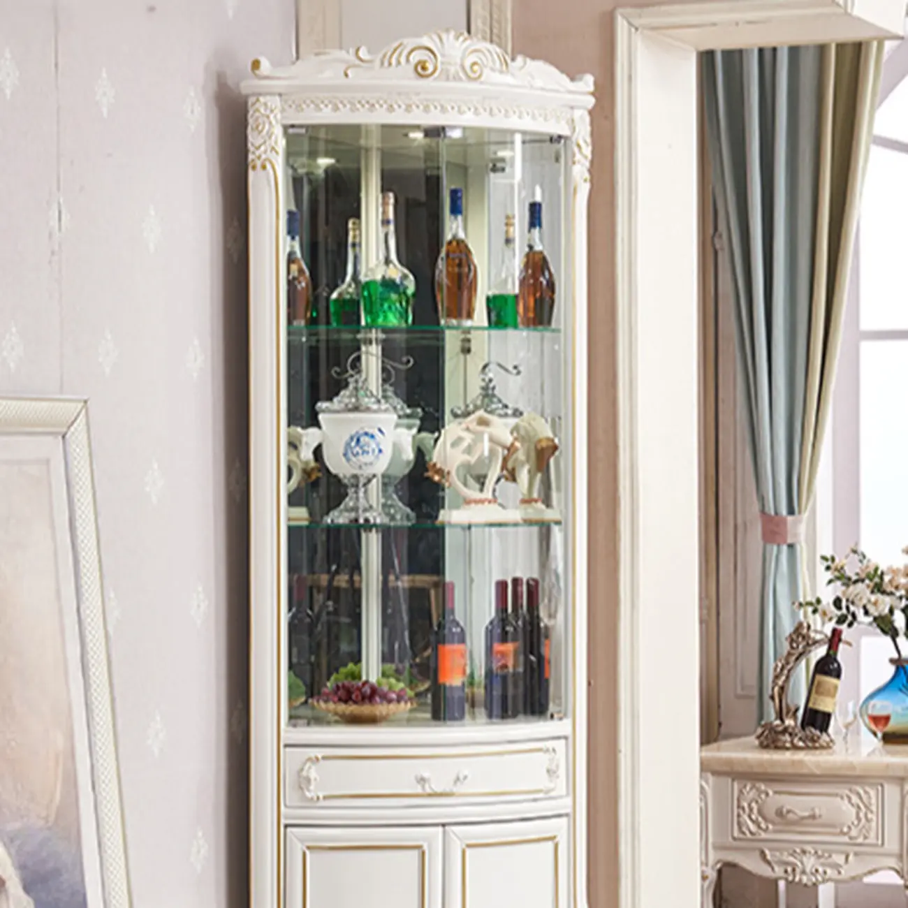 Elegant White-Gold Display Cabinet for Living Room Corner  Image - 11 | homeyfad