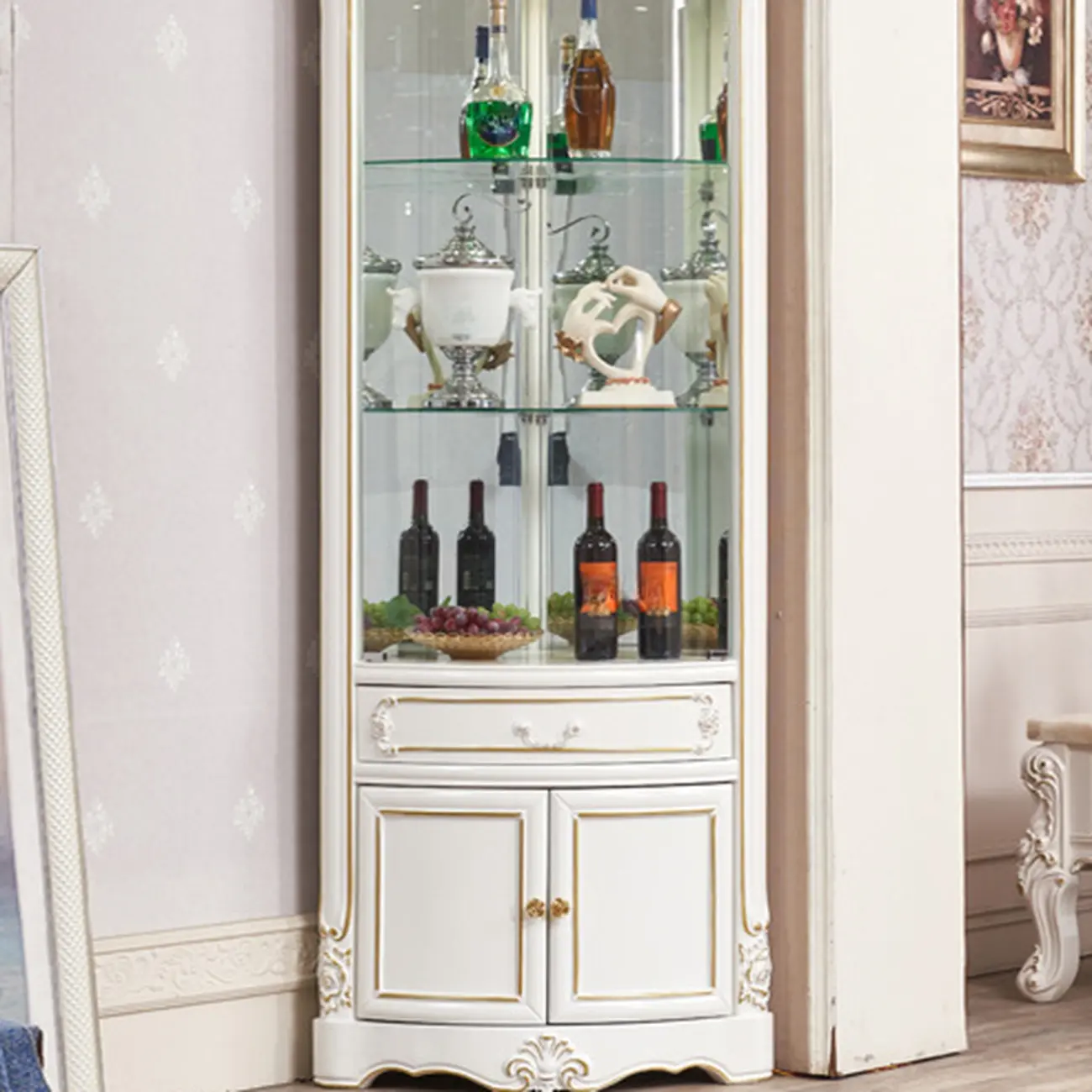 Elegant White-Gold Display Cabinet for Living Room Corner  Image - 12 | homeyfad