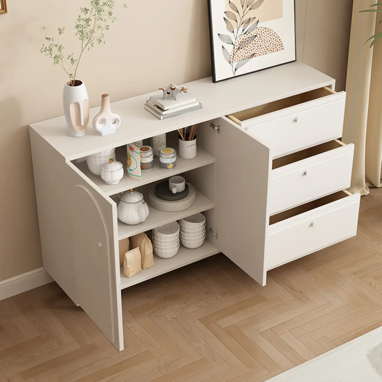 Dove Grey Wood Cabinet with Drawers for Living Room Storage Image - 3 | homeyfad