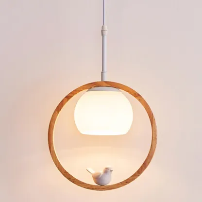 Designer Wooden Ring LED Pendant Light with Glass Shade for Home Decor Image - 7